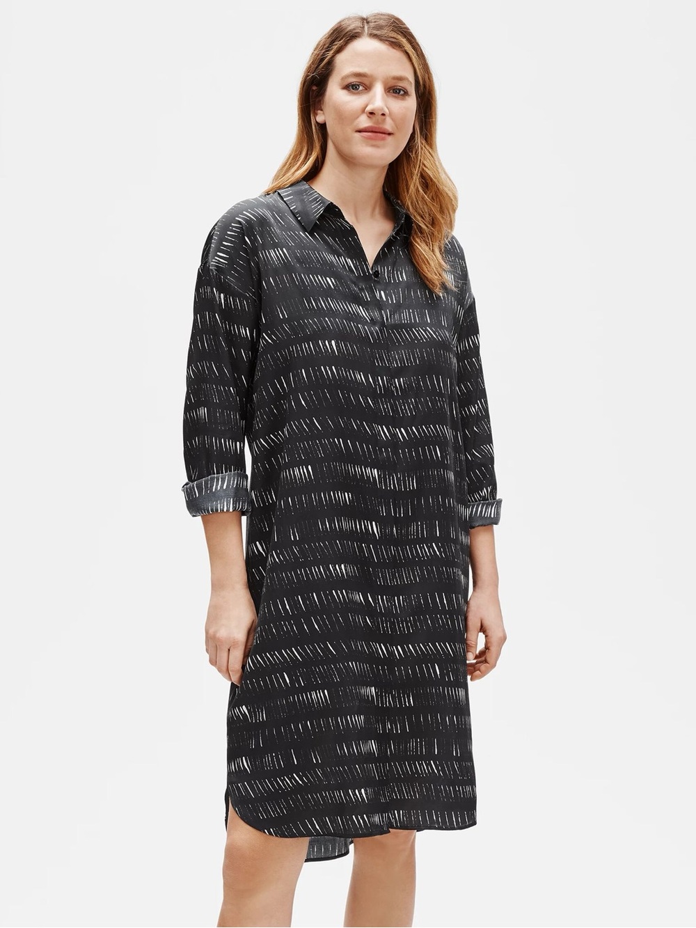 Eileen Fisher Women’s Silk Organic Cotton Shirt Dress Size SP Pattern LongSleeve